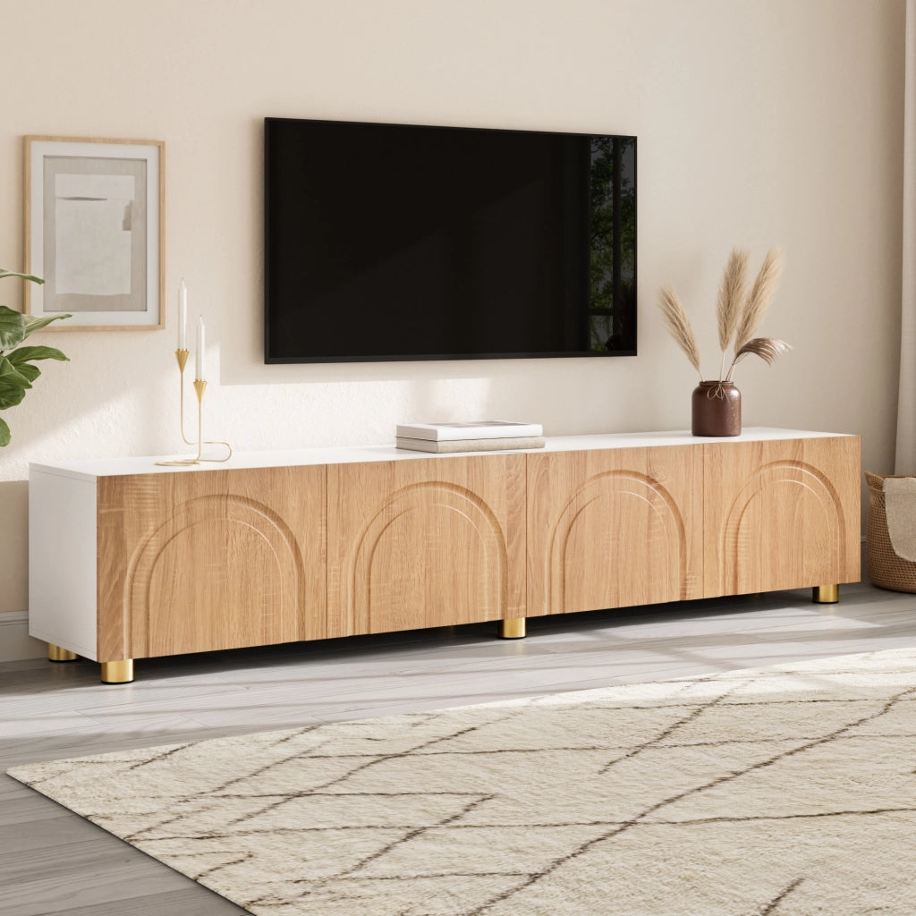 Mobile TV, mobile da ingresso, ante con rilievi curvi, gambe di sostegno in metallo, colore legno naturale