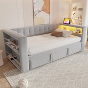 DESMIU Letto singolo 90 × 190 cm e 180 × 190 cm con LED, prese, contenitore, senza materasso, in flanella, grigio chiaro