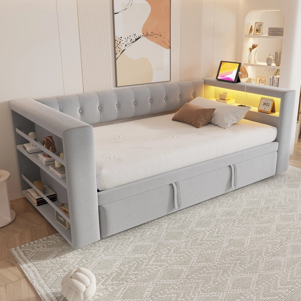 DESMIU Letto singolo 90 × 190 cm e 180 × 190 cm con LED, prese, contenitore, senza materasso, in flanella, grigio chiaro