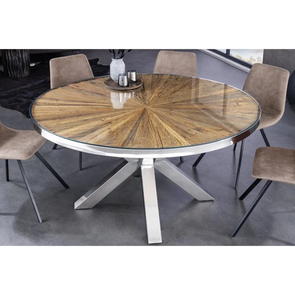 Table RAFTA – Legno di teck e vetro temperato – Piede cromato – 140 cm – Rotonda – Stile contemporaneo
