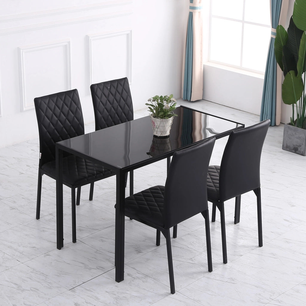 Set 4 Sedie da Pranzo in Finta Pelle con Cuciture a Rombi e Gambe in Metallo, Nero