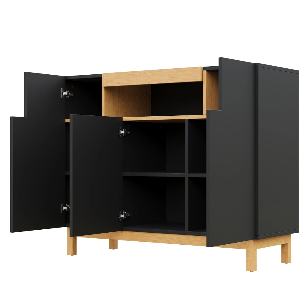 Credenza a 3 ante con nicchia aperta e vani chiusi per soggiorno e sala da pranzo; nera; 120.5 × 42 × 96 cm