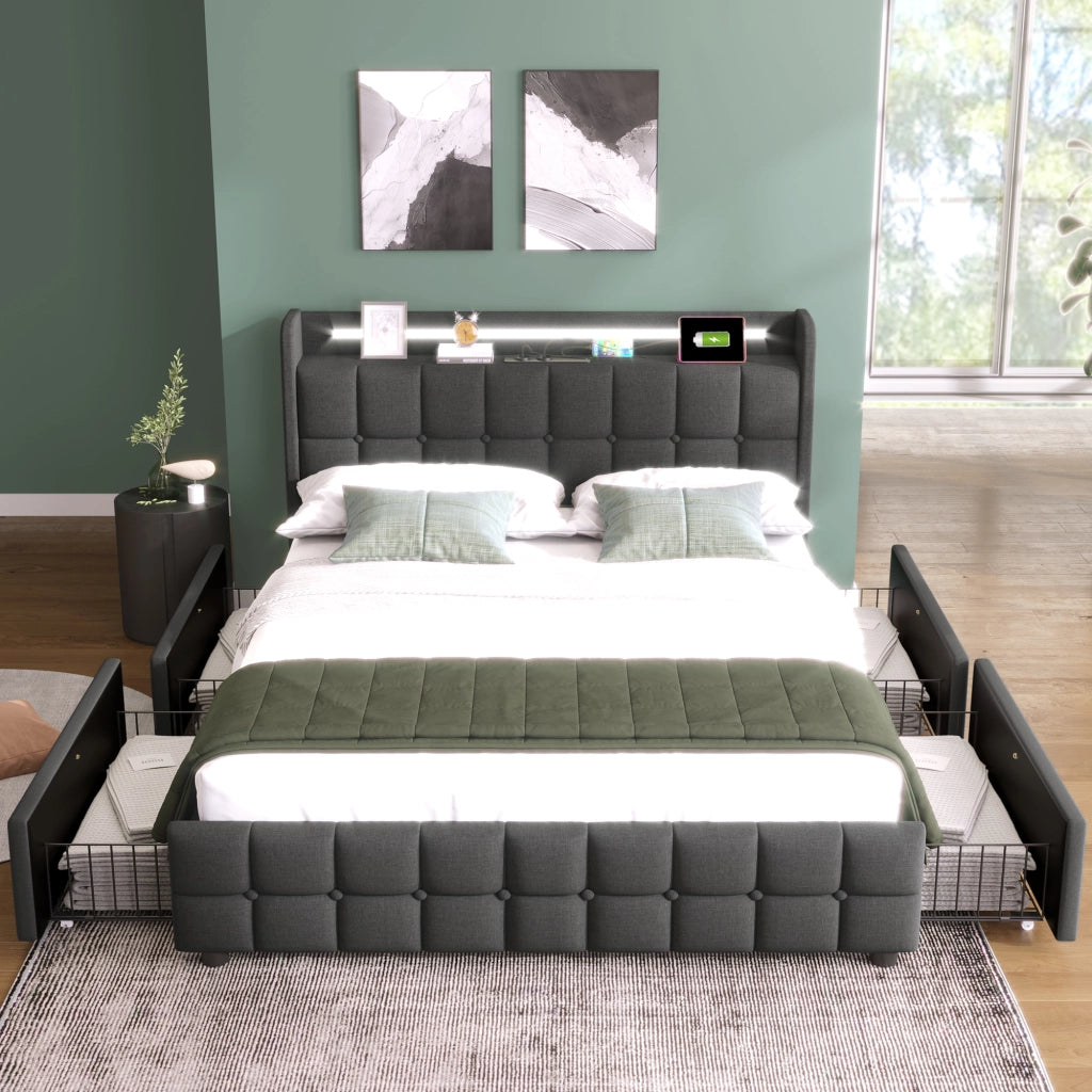 Letto Imbottito con LED, USB e Cassetti ¨C MINIMAL ¨C Grigio 180x200