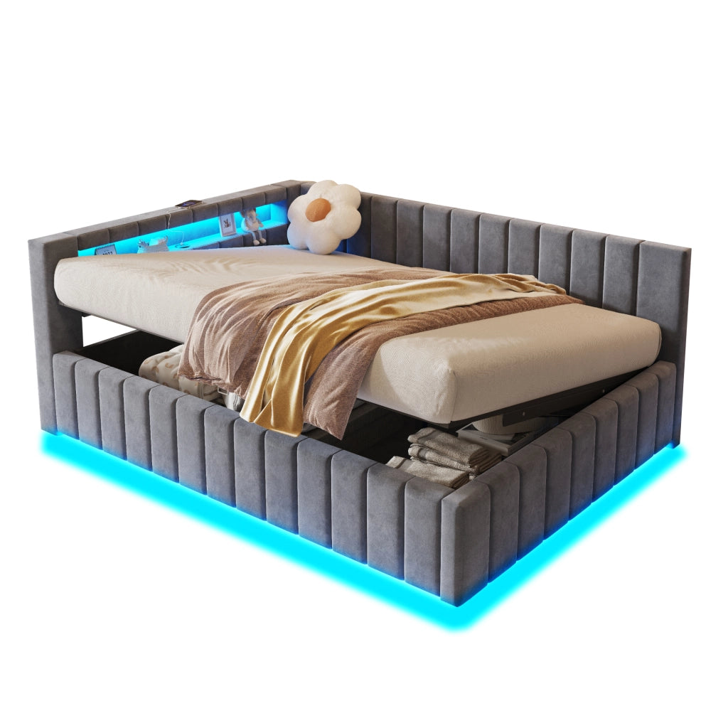 LETTO Contenitore 140x200 cm in velluto grigio con LED e USB