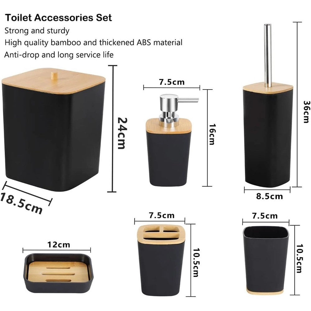 Trade Shop - Set Accessori Bagno In Bambù 6 Pz Moderno Bidone Spazzatura Portasapone Dispenser - Nero