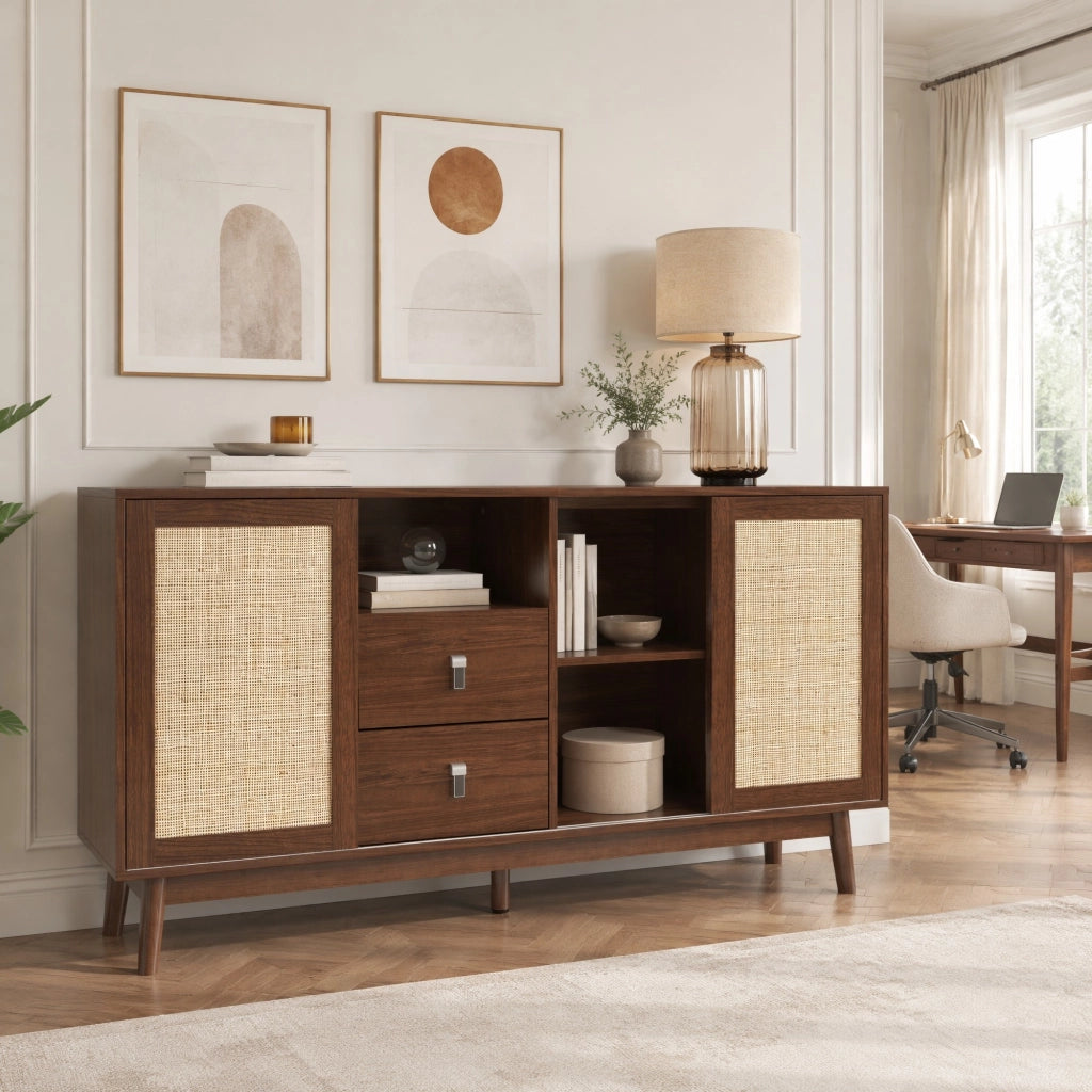 Sideboard con 3 ante scorrevoli in rattan e 2 cassetti; 155x38x80 cm; effetto legno
