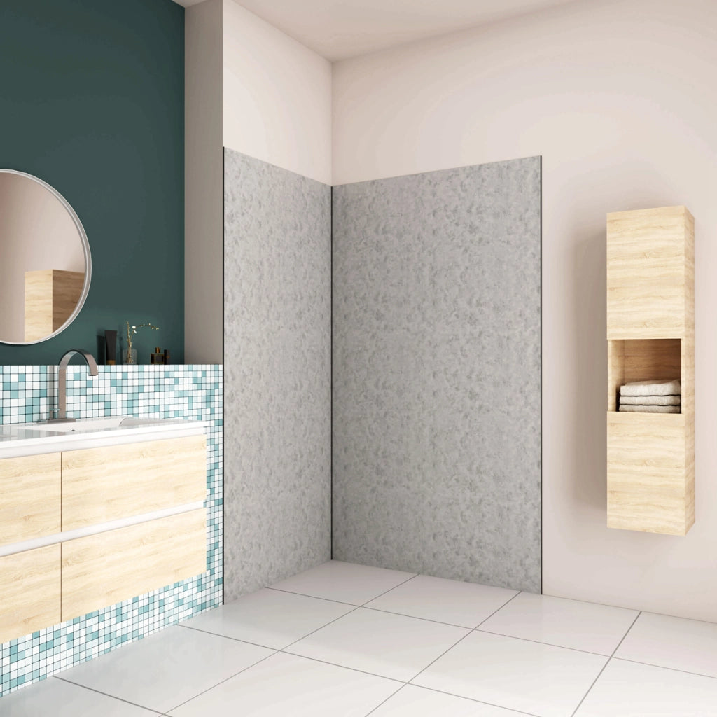 H.210 cm Pannello Doccia ad Angolo 80x90 cm Realizzato in Alluminio da 3 mm con Profili Finitura Grigio Cemento per Rivestimento Parete Bagno