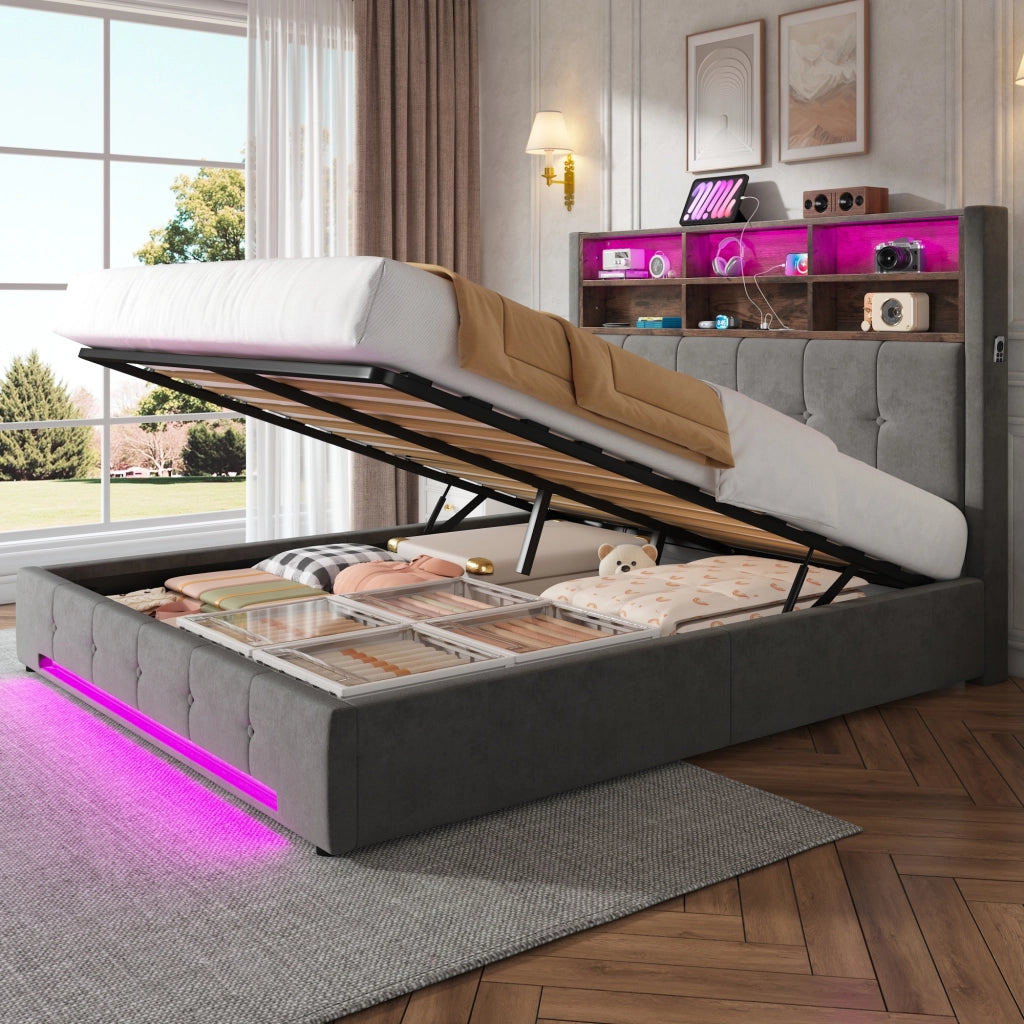 Letto matrimoniale 160x200 cm in velluto grigio scuro con testiera multifunzione, LED, USB-C e contenitore idraulico