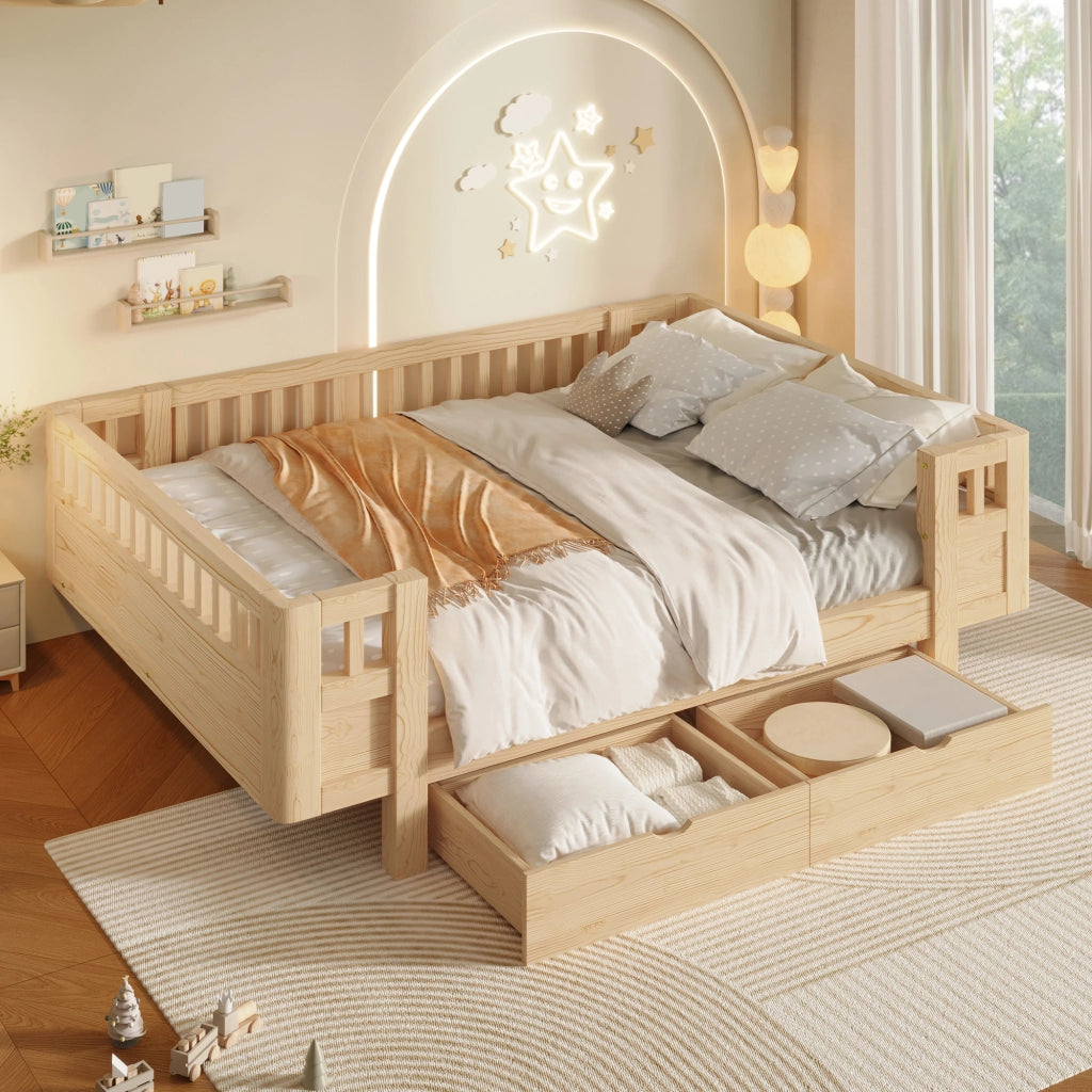 DESMIU Letto per bambini 140 × 200 cm con 2 cassetti, senza materasso, in legno massiccio e MDF, colore legno