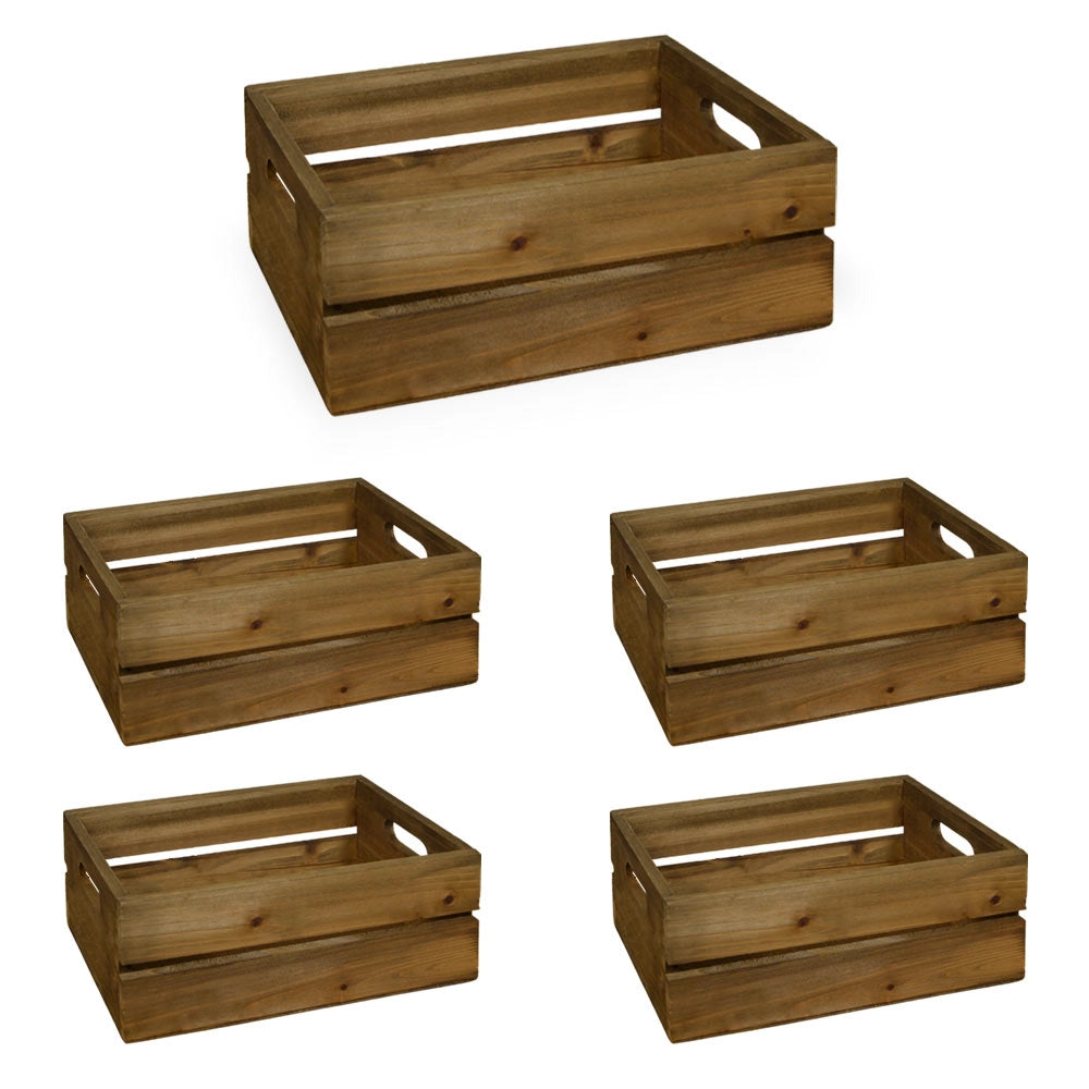 5 Cassettine Contenitori Portaoggetti in Legno Marrone con manici cm 30x19 x h11