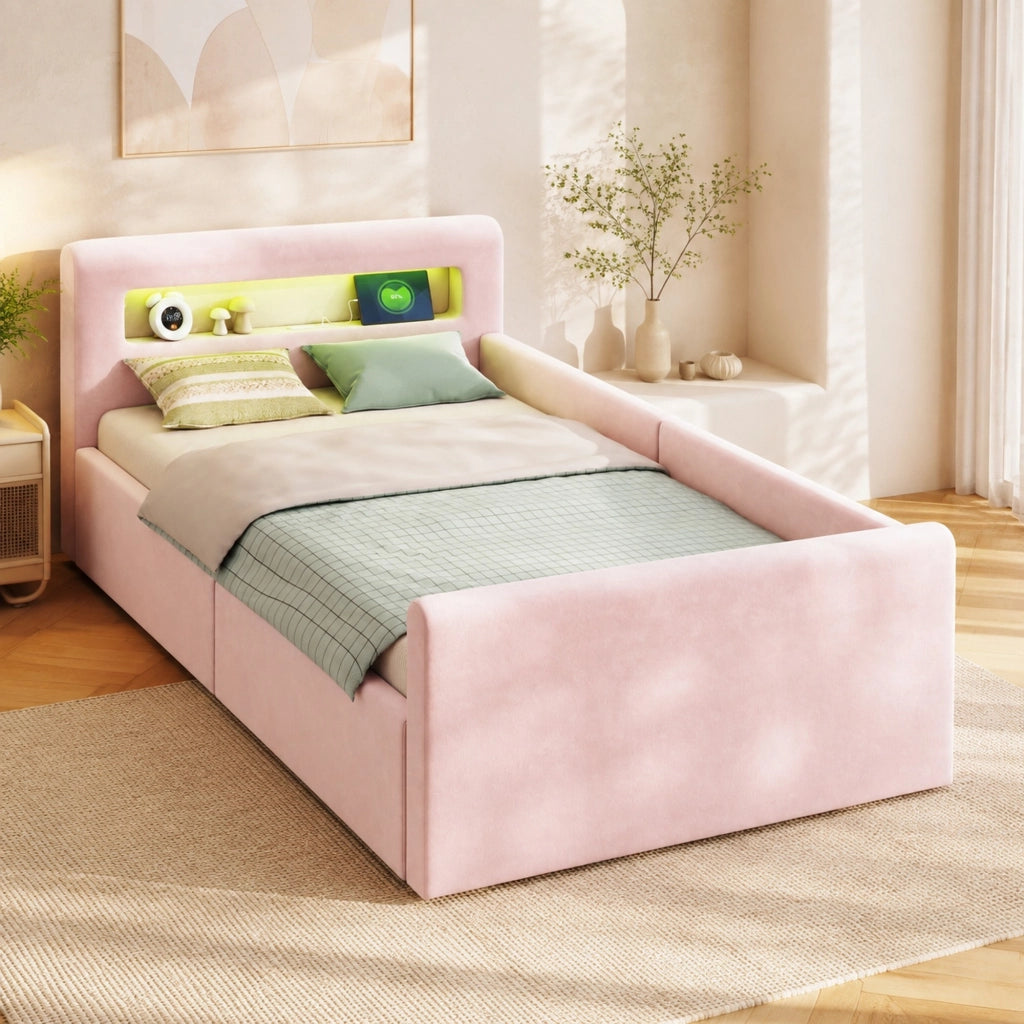 LETTO imbottito bambini 90x200 cm in velluto rosa con LED, USB e contenitore