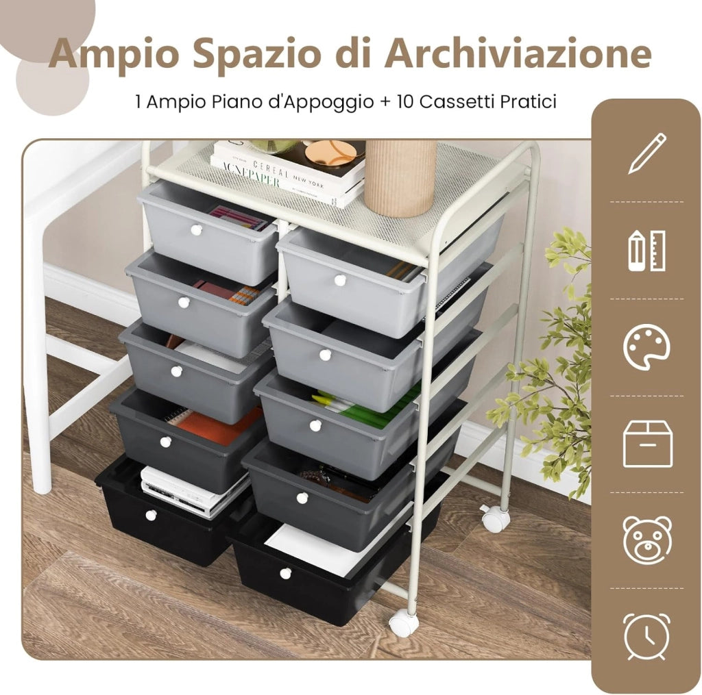 Carrello a 10 Cassetti con Ruote, Carrello di Stoccaggio con Stabilità Elevata, Carrello Multiuso per Casa Ufficio e Scuola, 65,5 x 37 x 87 cm (Sfumatura nera 2)