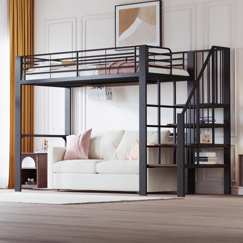 Letto a soppalco singolo 90×200 cm con scala e spazio contenitore; senza materasso; metallo; nero
