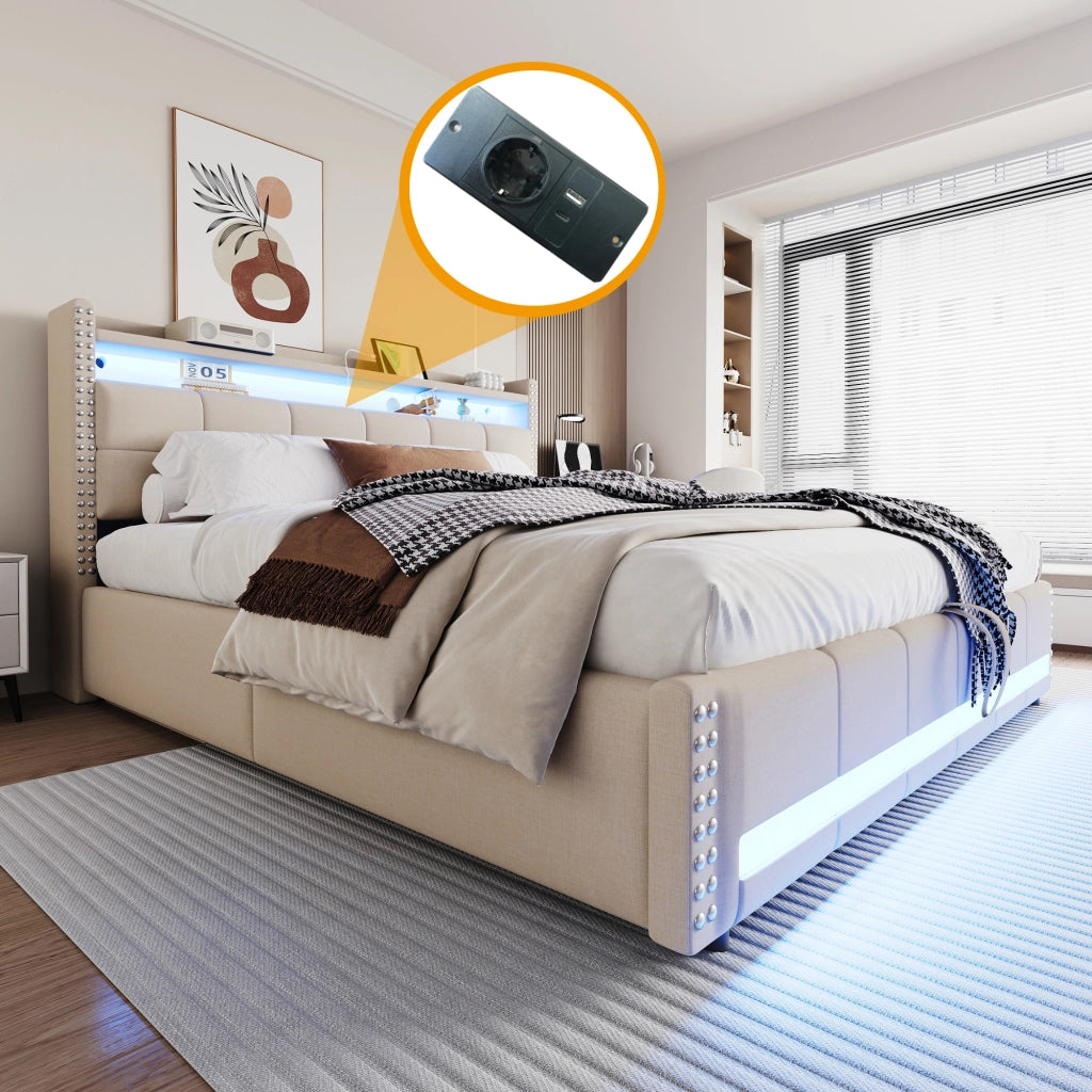 LETTO Imbottito 180x200 cm Beige con LED, USB e contenitore