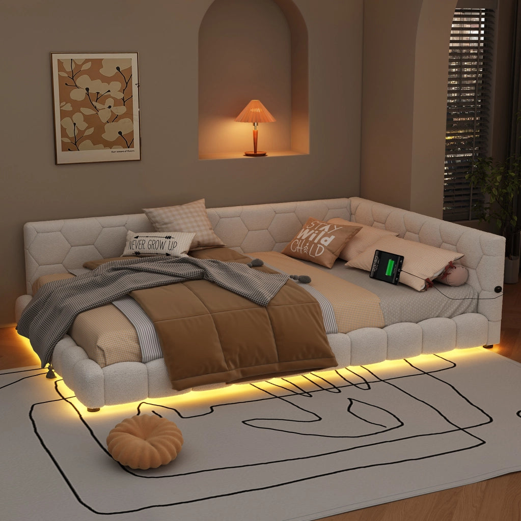 Daybed 140x200 cm con rete a doghe, luce LED ambientale e porte USB/Type-C