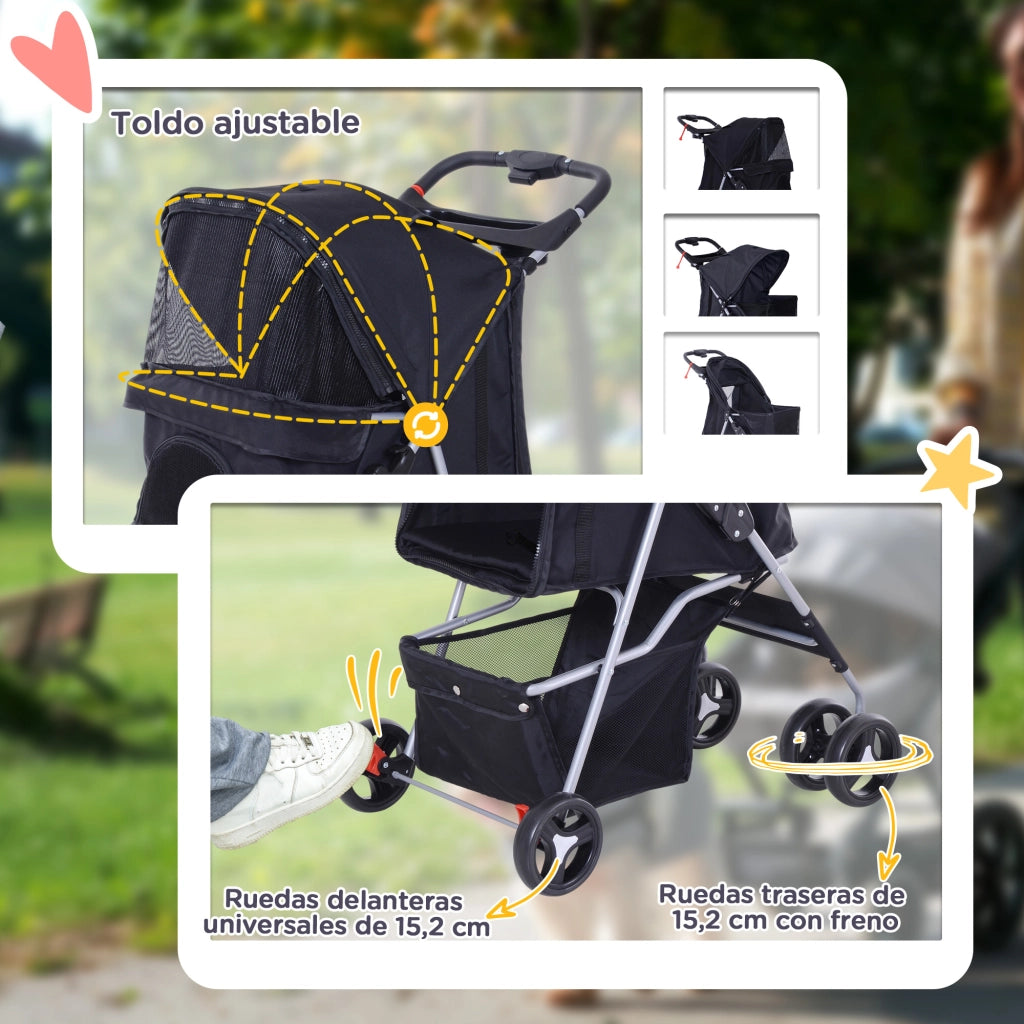 Carrello per Cani con Tenda Regolabile ¨C Minimal ¨C 77x45x99,5 cm Nero