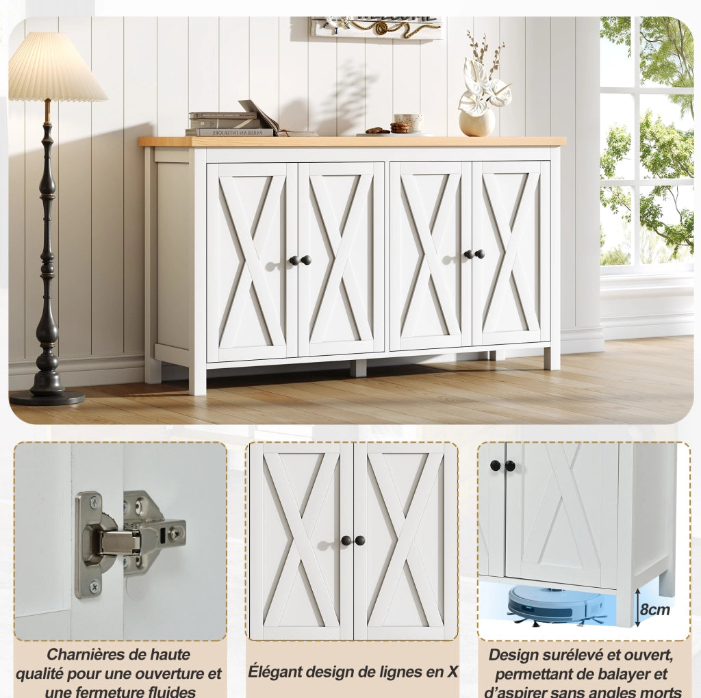 Credenza bianca 140x40x78 cm con 4 ante; 2 ripiani interni regolabili; in MDF