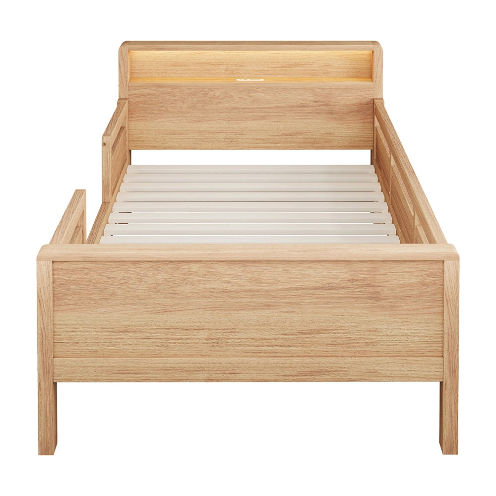 Letto bambino-Xylo-90x200 cm-USB-C, LED, testiera contenitore, legno pino