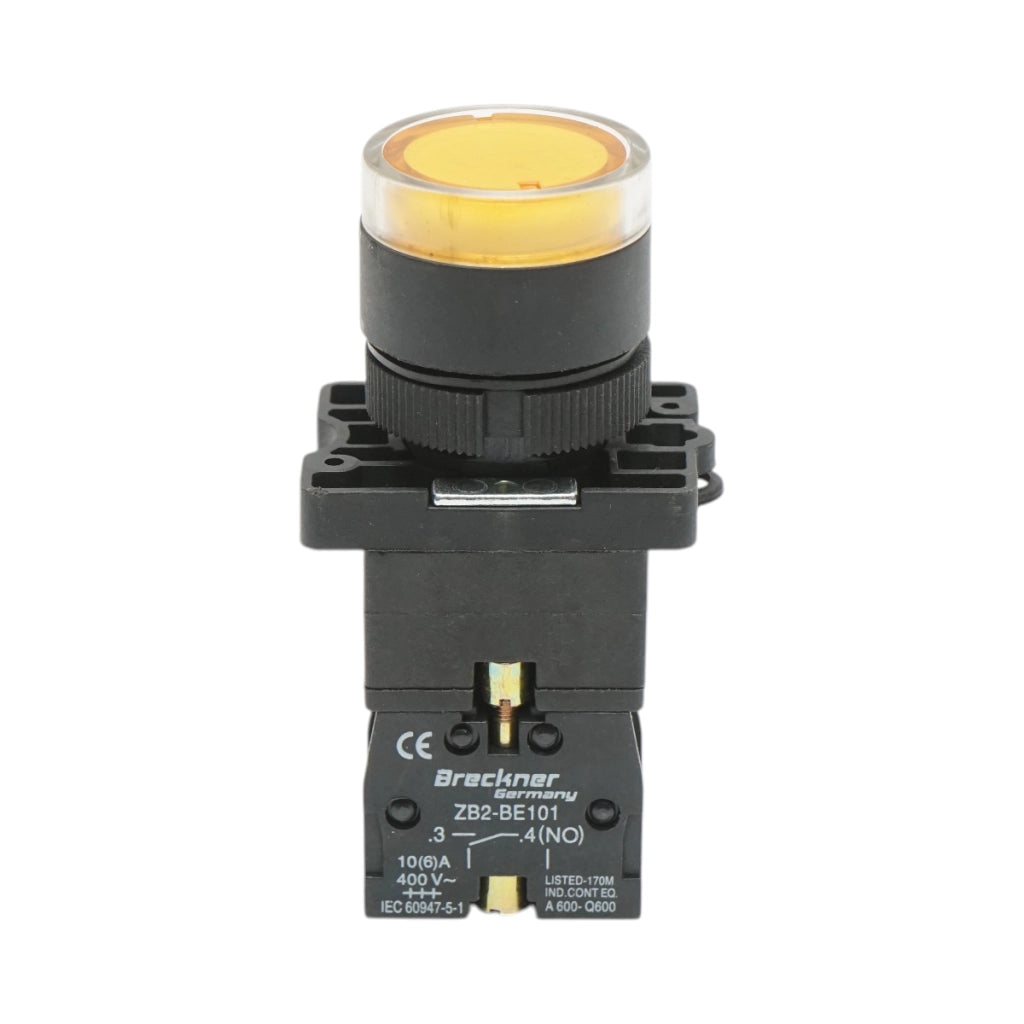 Pulsante indicatore LED giallo con resistenza integrata 1NO, 220V, LAY5 Breckner Germany