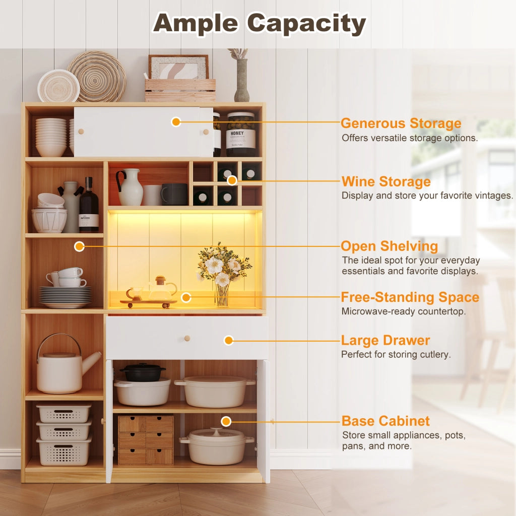 Credenza da Cucina Alta con 3 Ante; 1 Cassetto; Ripiani Aperti e LED per Cucina in Pannelli; Bianco Naturale 115x35x180 cm