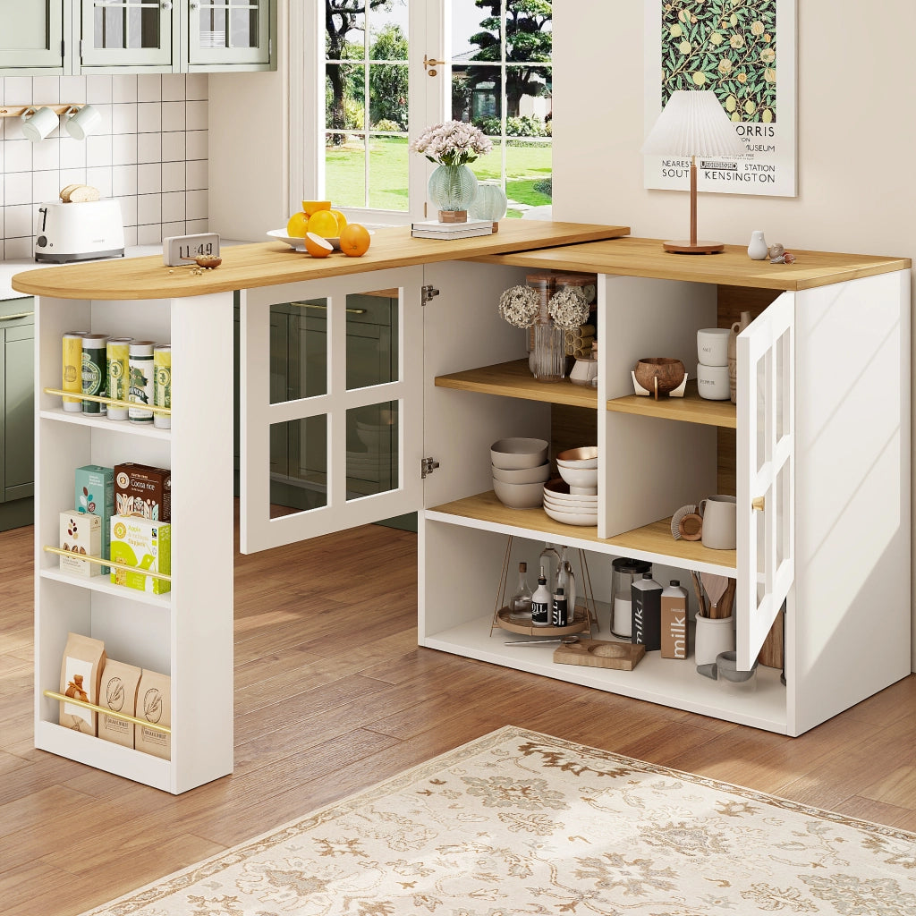 OKWISH Mobile Bar Girevole con 2 Ante in Vetro, 3 Ripiani Laterali e Ripiani Regolabili, per Soggiorno Cucina, Bianco
