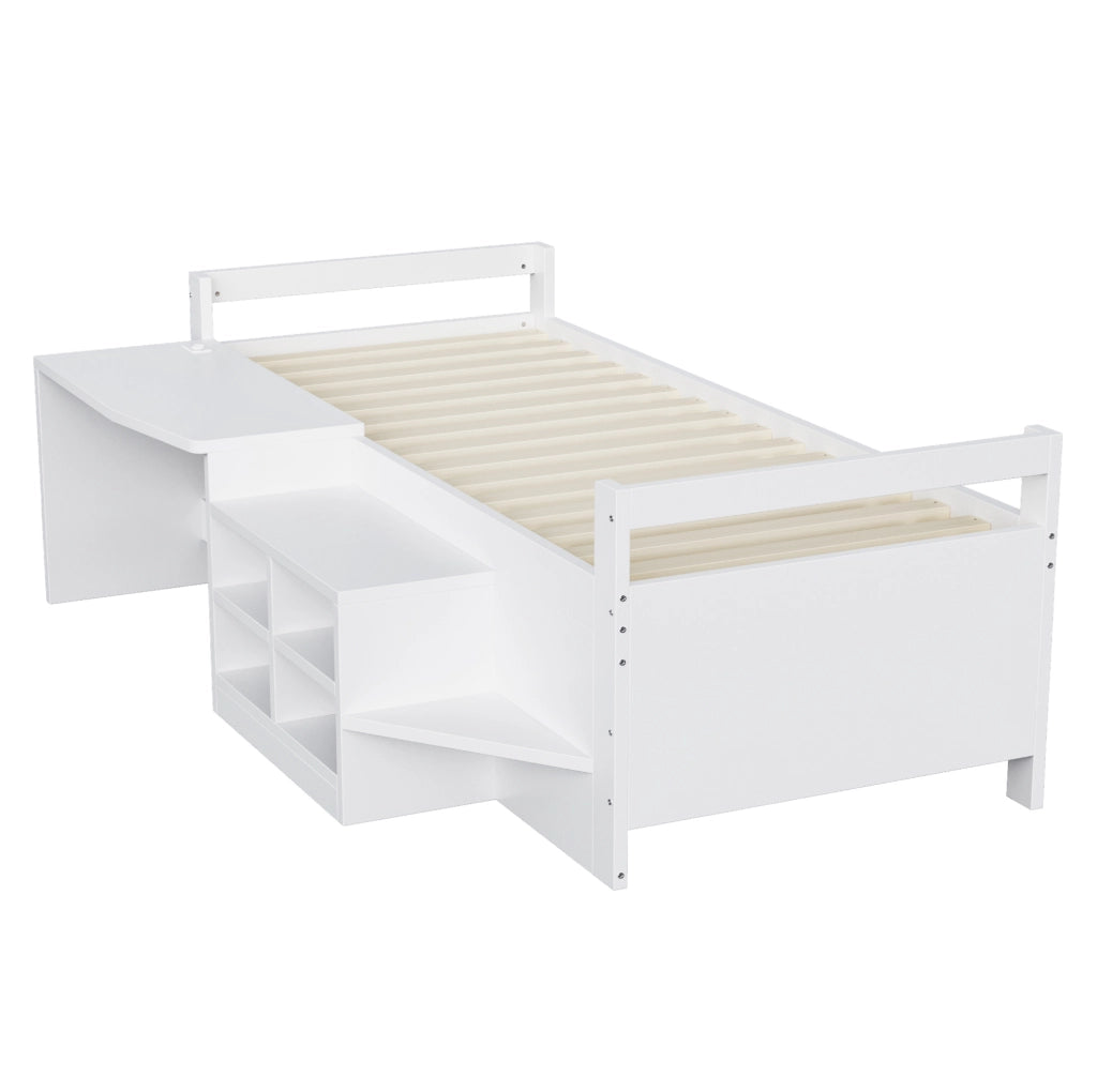 Letto singolo multifunzione 90x200 cm con scrivania; vani contenitore e prese USB; bianco