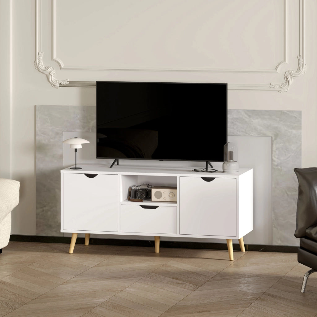 Mobile TV con Cassetto, Ripiani Aperti e Armadietti ¨C zephmum ¨C 110x40x50 cm, Bianco e Legno
