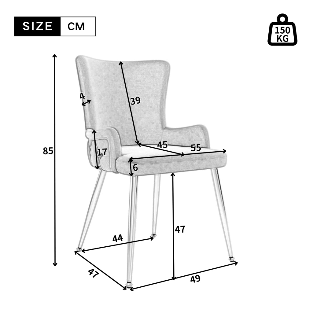 Sedia da pranzo 2 pezzi in velluto con gambe metalliche stabili, design moderno grigio e argento