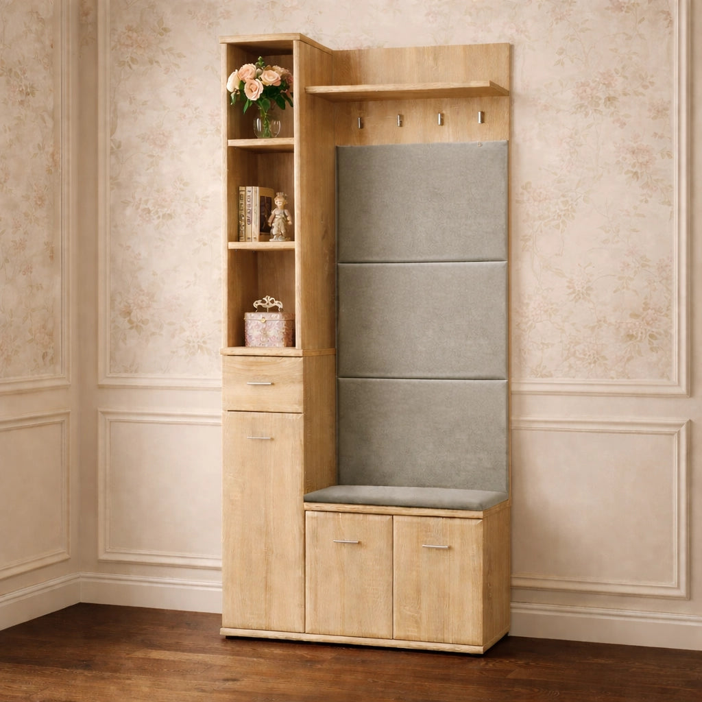Mobile Ingresso Scarpiera Appendiabiti Imbottito Set Entrata Anta Colonna Vani Guardaroba Ganci Ripiani Contenitore Multifunzione Salvaspazio Per Corridoio Casa Design Moderno 90 x 32 x 203 Cm Rovere