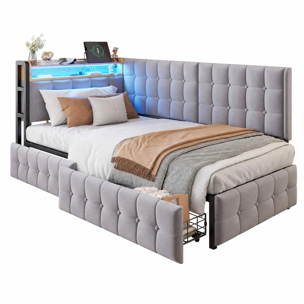 Divano letto imbottito 90x200 cm grigio con LED; 2 cassetti; USB e Type-C