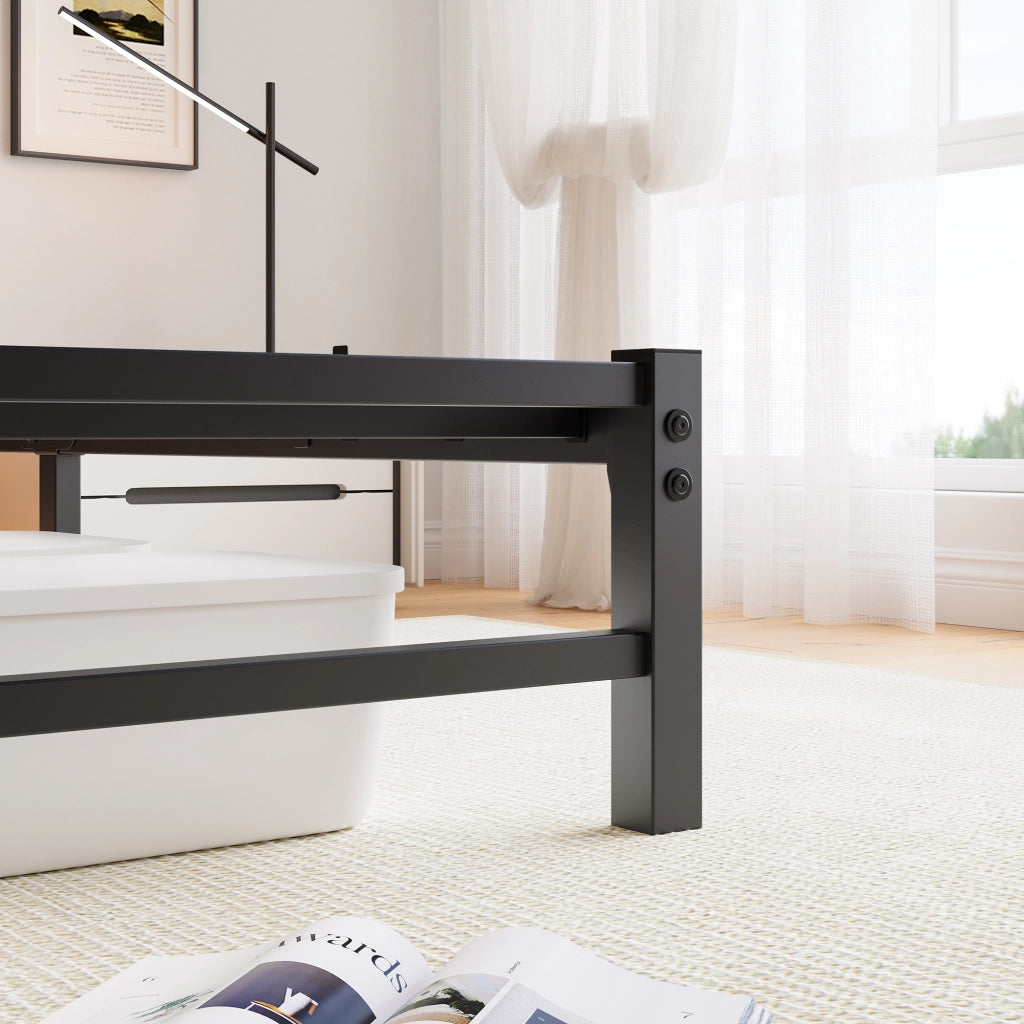 Letto matrimoniale 140×190 cm con 2 USB; LED RGB; ripiano testiera; struttura in metallo e legno; senza materasso; nero marrone
