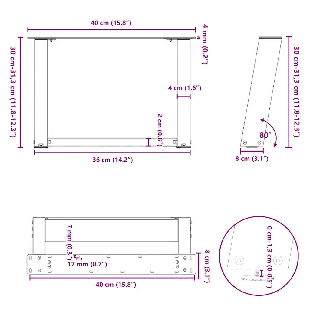 Gambe per Tavolino da Caff¨¨ a Forma di U 2 pz | Piede del tavolo Antracite 40x(30-31) cm Acciaio