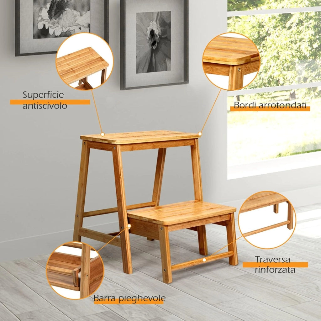 Sgabello Scala in Bambù Sedia Scaletta, Richiudibile Salvaspazio, Portata 100 kg, 45 x 51 x 48 cm (Naturale)