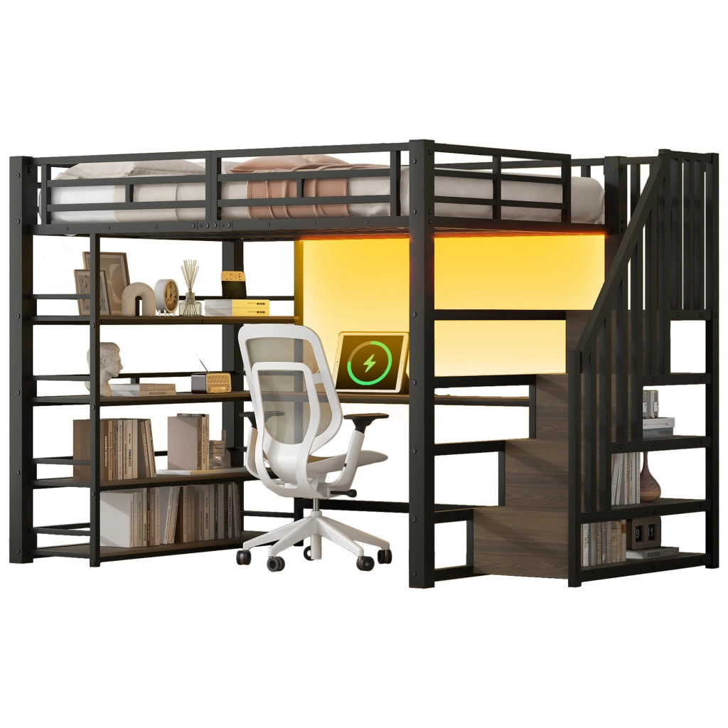 Letto a soppalco 140x200 cm con scrivania; scala contenitore; stazione USB e illuminazione LED; metallo nero