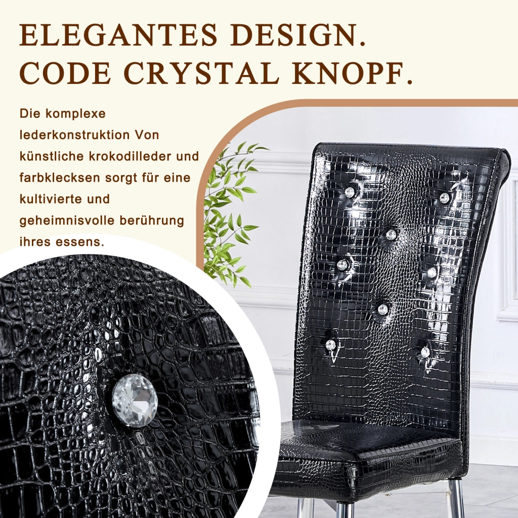 Sedie da pranzo, 2 pezzi in finta pelle effetto alligatore con bottoni in cristallo e gambe in metallo galvanizzato nero, 76 × 49,5 × 46 cm