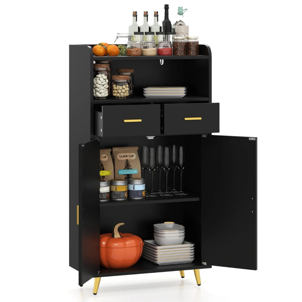 Mobile dispensa 113 cm con ante 2 cassetti e ripiano regolabile per bagno, Armadio da cucina sala da pranzo soggiorno Nero