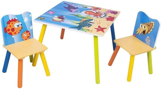 Tavolo per Bambini e 2 Sedie - Mobili per Bambini, Tavolo, Piccolo Tavolo - Per Bambini in Età Prescolare, Bambini in Età Infantile e Bambini - Legno - Animali Marini