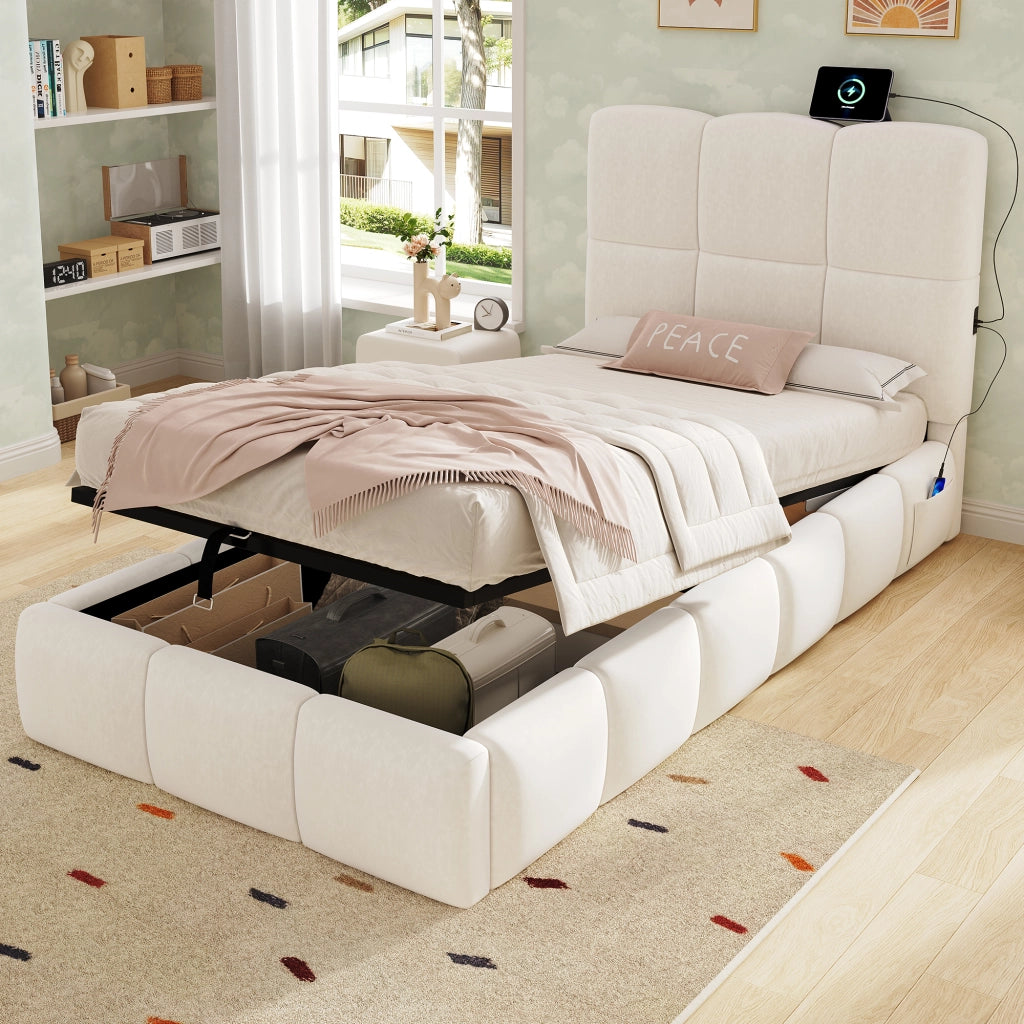 Letto Singolo 90 x 200 cm con Contenitore; USB e Type-C; in Velluto Beige