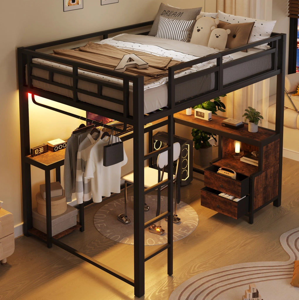 Letto a soppalco 140x200 cm con scrivania, LED, USB e ripiani