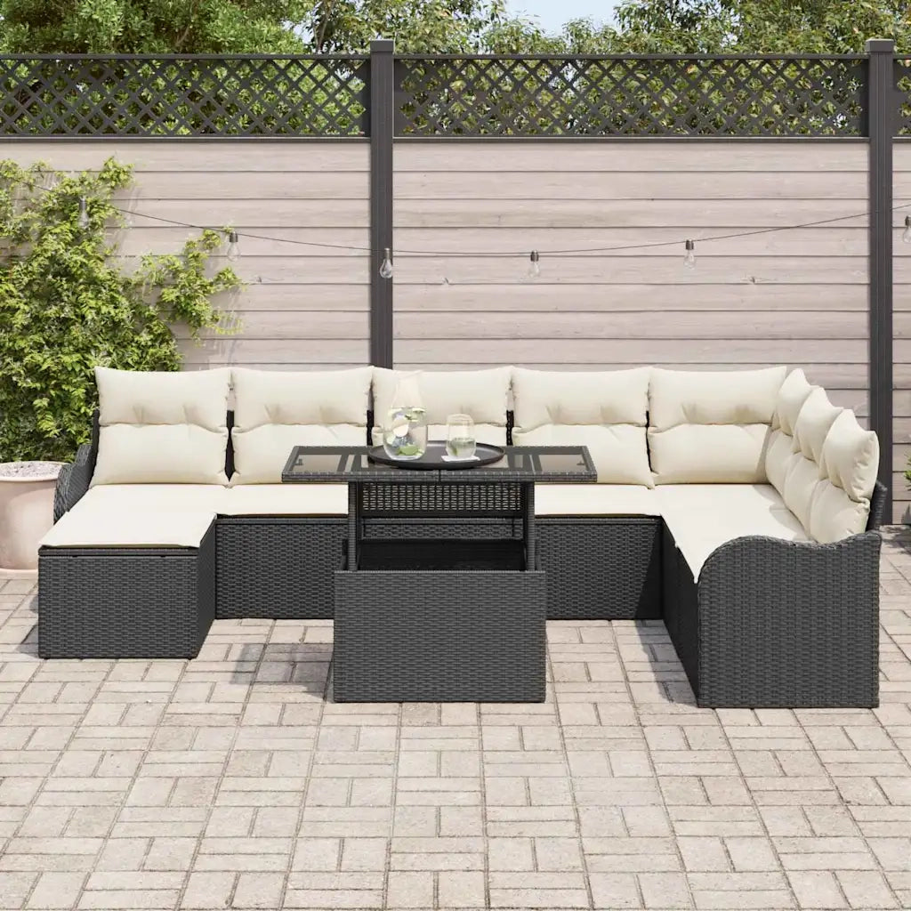 Set Divano da Giardino con cuscino 9 pcs Nero Poly Rattan