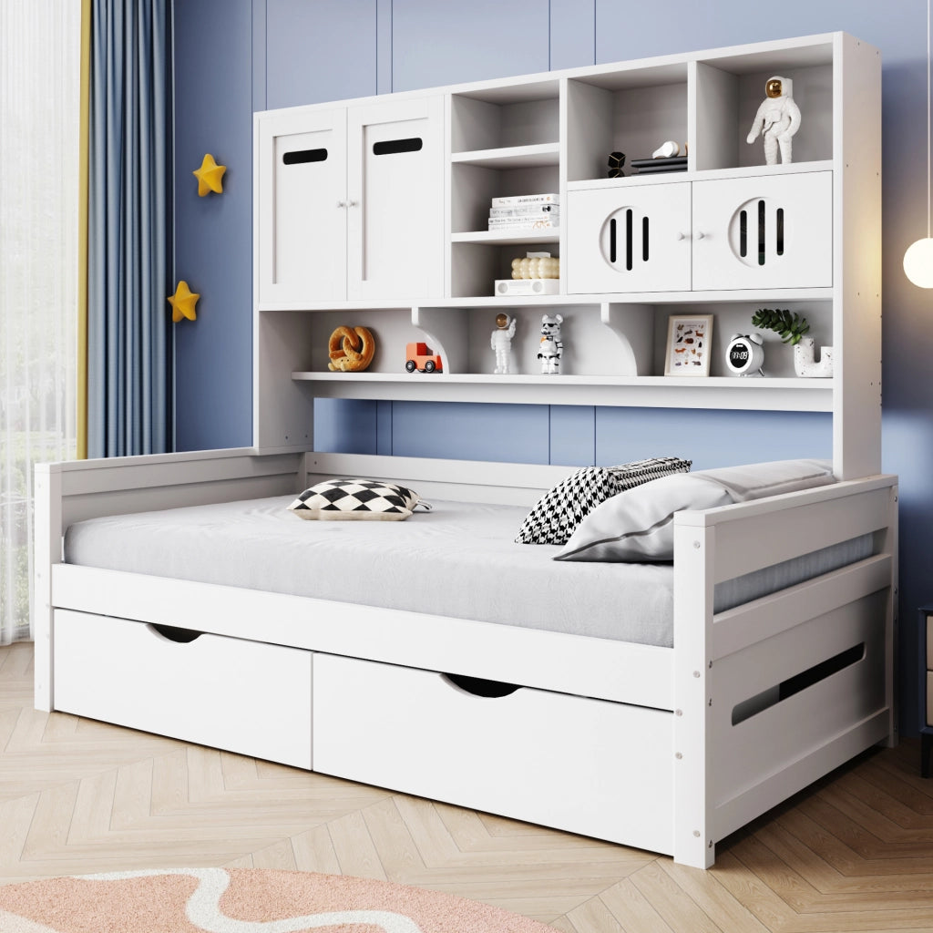 Letto multifunzione 90 x 200 cm in legno con ampio spazio contenitivo, 2 cassetti grandi, struttura bianca, senza materasso