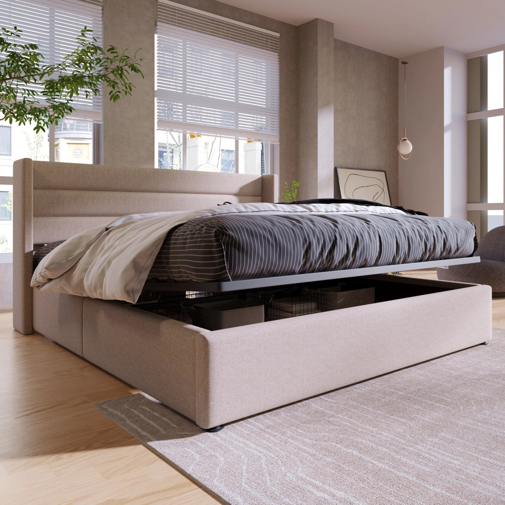 DESMIU Letto Contenitore Letto Matrimoniale con vano idraulico, 180 × 200 cm, senza materasso, lino, beige