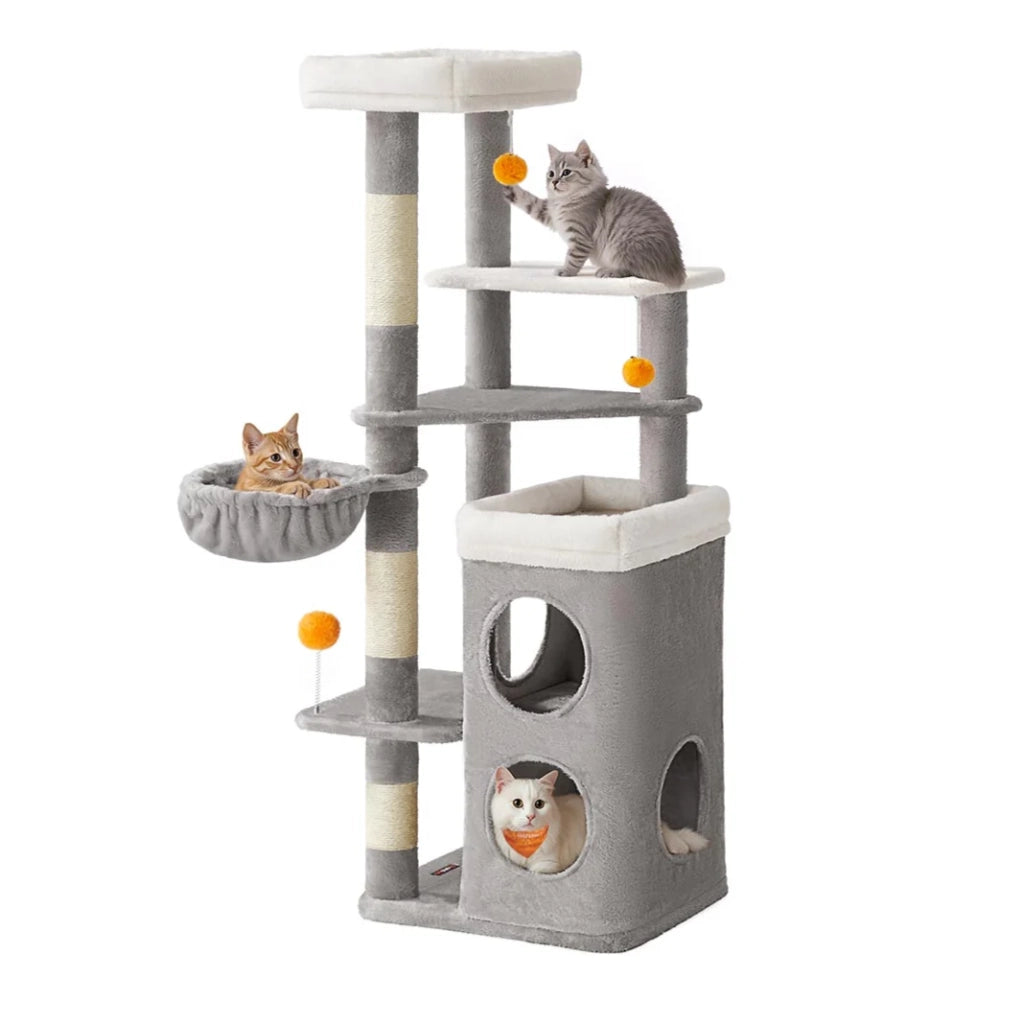 Tiragraffi alto 152 cm torre gioco per gatti a più livelli con 2 grandi cubbie 1 amaca 3 tiragraffi 3 piattaforme grigio 12_0003800