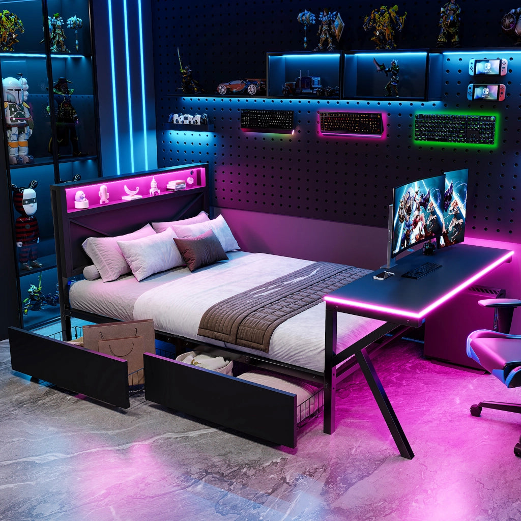 Letto Singolo 140x200 cm con LED; Scrivania e 2 Cassetti in Metallo e MDF - Nero