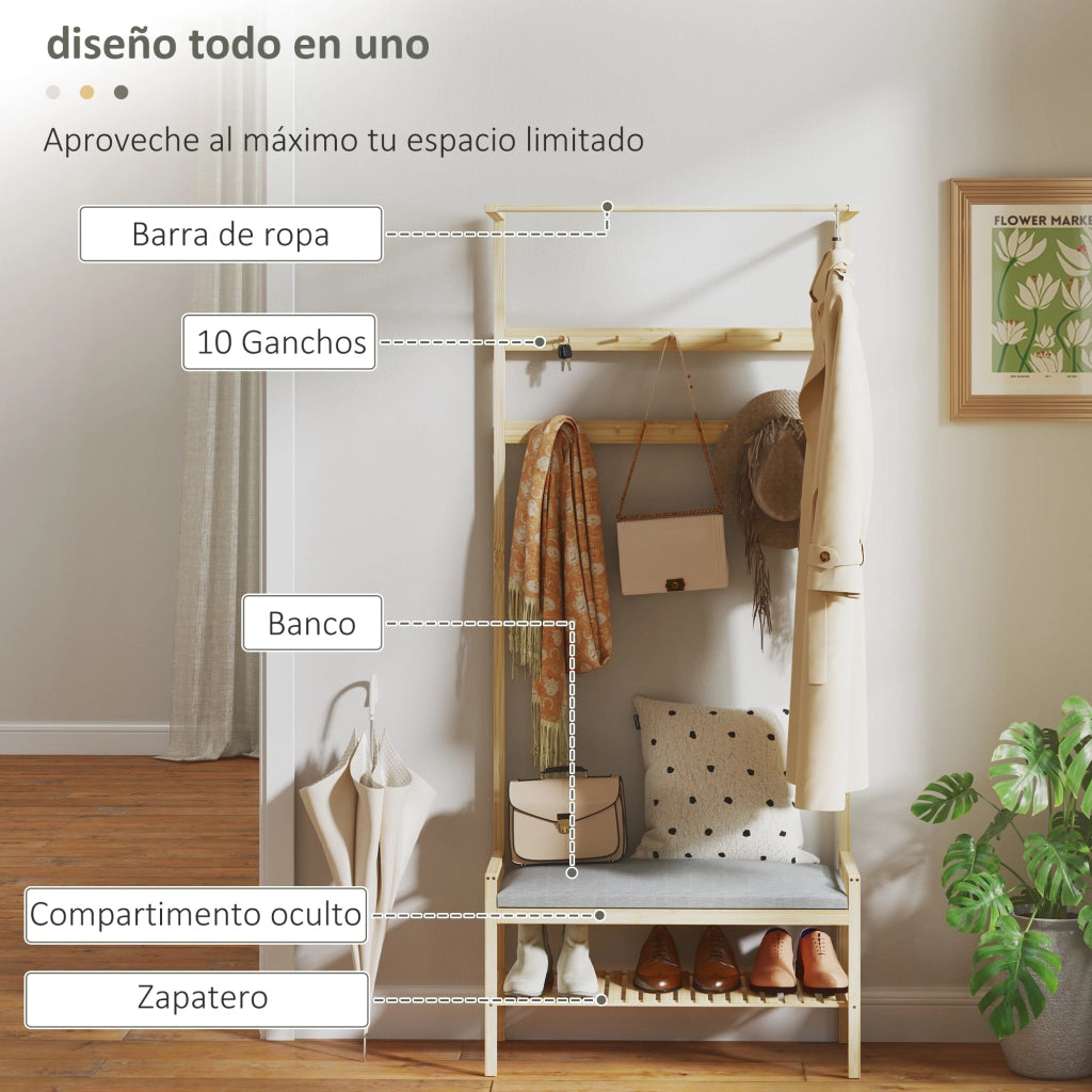 Appendiabiti con panca e ripiani ¨C zephmum ¨C 73.5x34x171 cm grigio e naturale