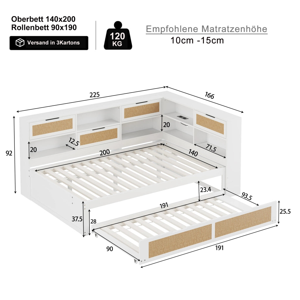 DESMIU Divano Letto 140 × 200 cm con Letto Estraibile 90 × 190 cm, prese USB, senza materasso, in legno, bianco