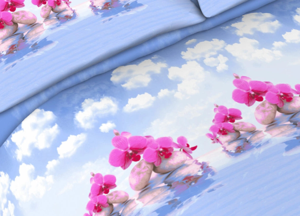 Completo Lenzuola 100% Cotone Made Italy Fantasia Floreal Cloud C.N. - Matrimoniale - Azzurro