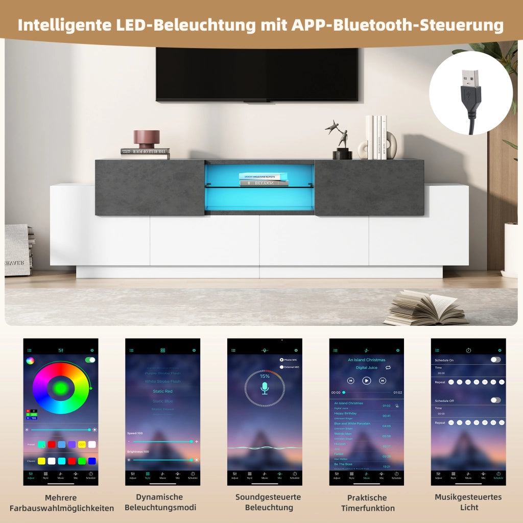 MOBILE TV con LED e ripiani in vetro 180x40x45 cm bianco e grigio