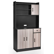 Armadio da cucina alto 180cm con stazione di ricarica integrata, Buffet con vetrina piano per microonde cassetto Nero