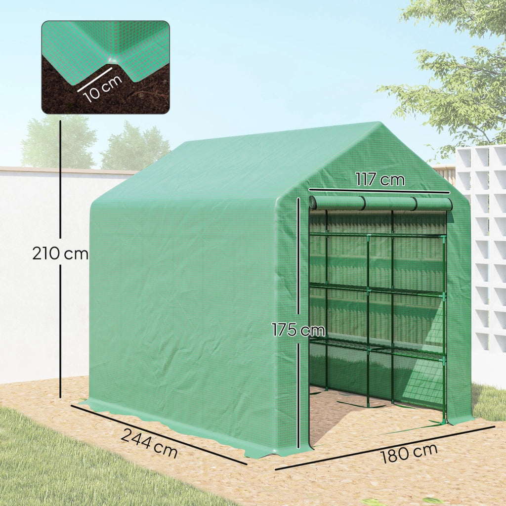 Serra da giardino con scaffali 3 livelli porta avvolgibile acciaio 244x180x210 cm verde ¨C Xylo